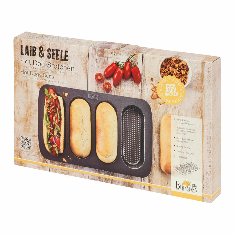 Birkmann Laib und Seele, Backform für Hot Dog Brötchen, Brotbackform, 4-fach, Stahlblech, Schwarz, 35 x 22 x 3 cm, 210394