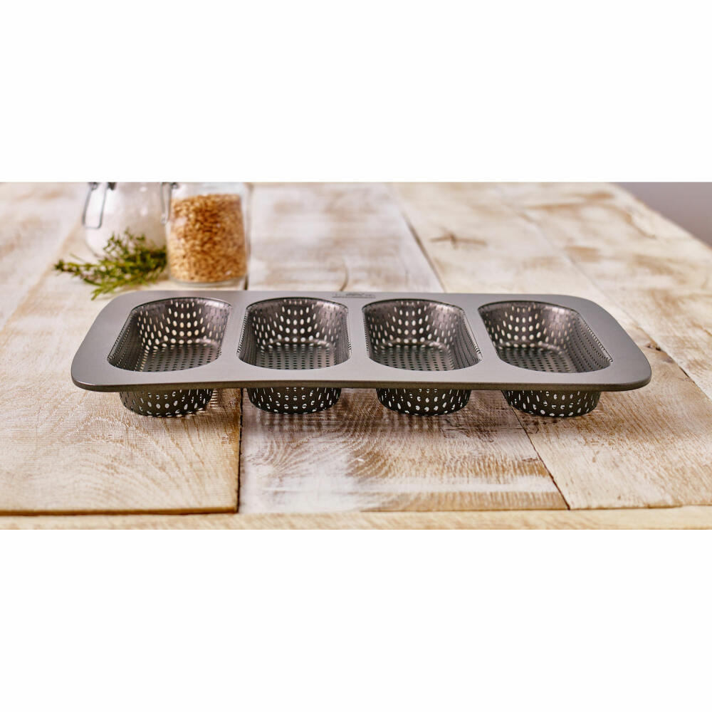 Birkmann Laib und Seele, Backform für Hot Dog Brötchen, Brotbackform, 4-fach, Stahlblech, Schwarz, 35 x 22 x 3 cm, 210394