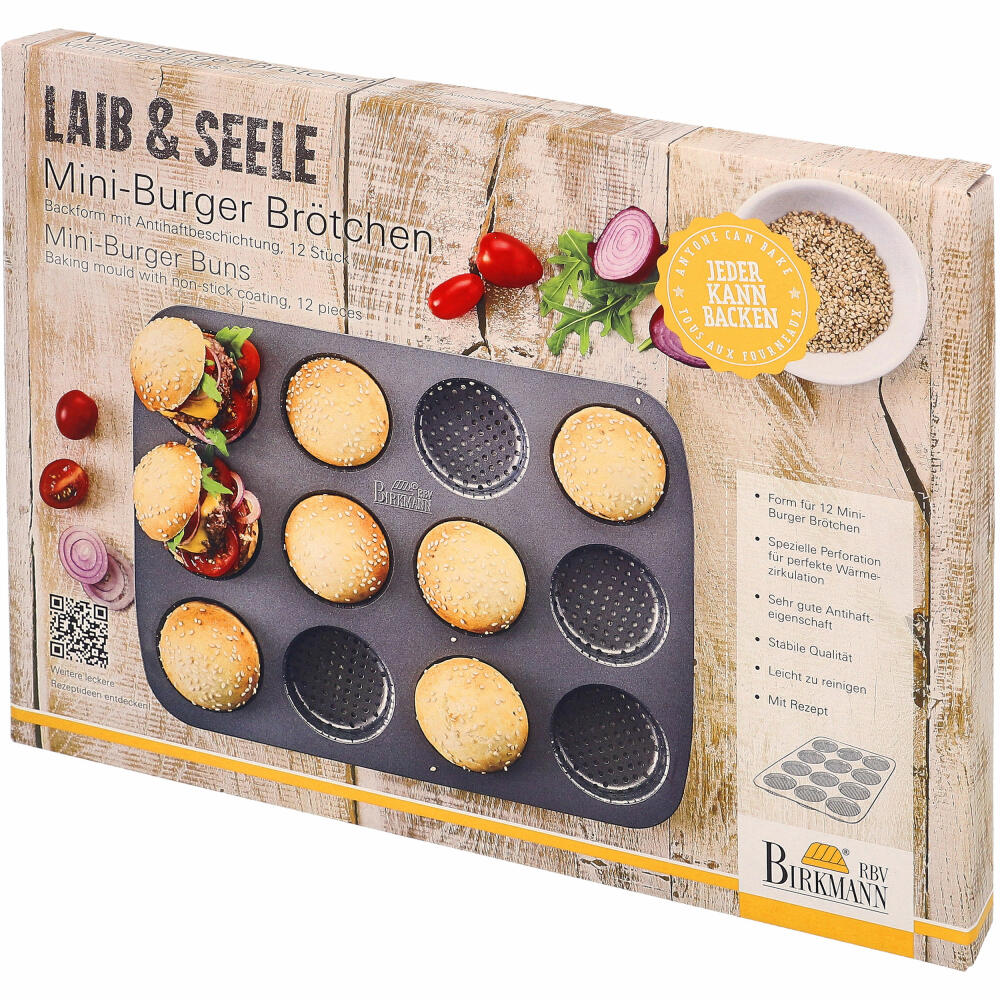 Birkmann Laib & Seele Mini-Burger Brötchenblech, Backblech, Brötchen Blech, Backzubehör, Karbonstahl, 29 x 22 cm, 210417