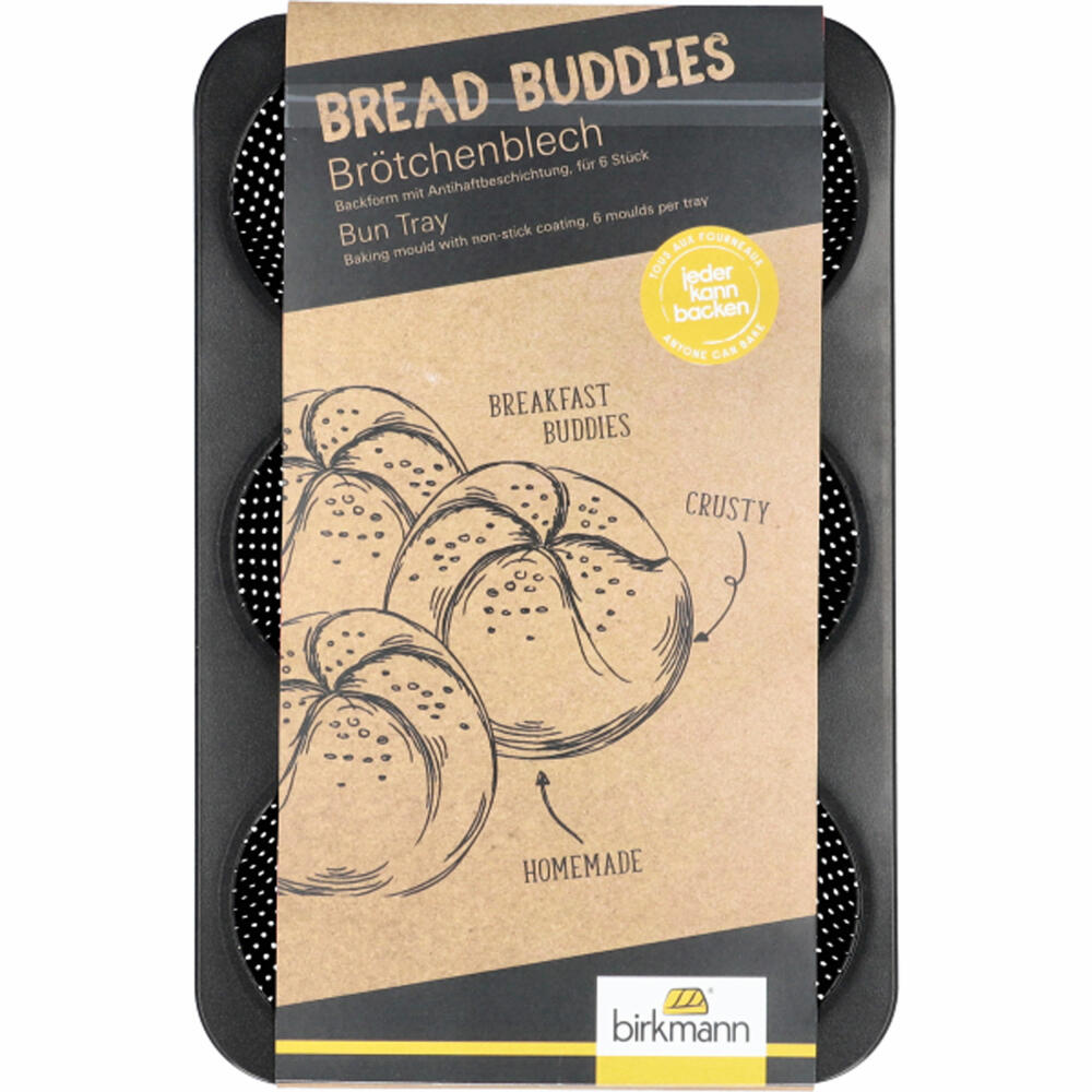 Birkmann Bread Buddies Brötchenblech, Backblech, Brötchenbackform, Backform, Karbonstahl, 32 x 21 cm, 331051