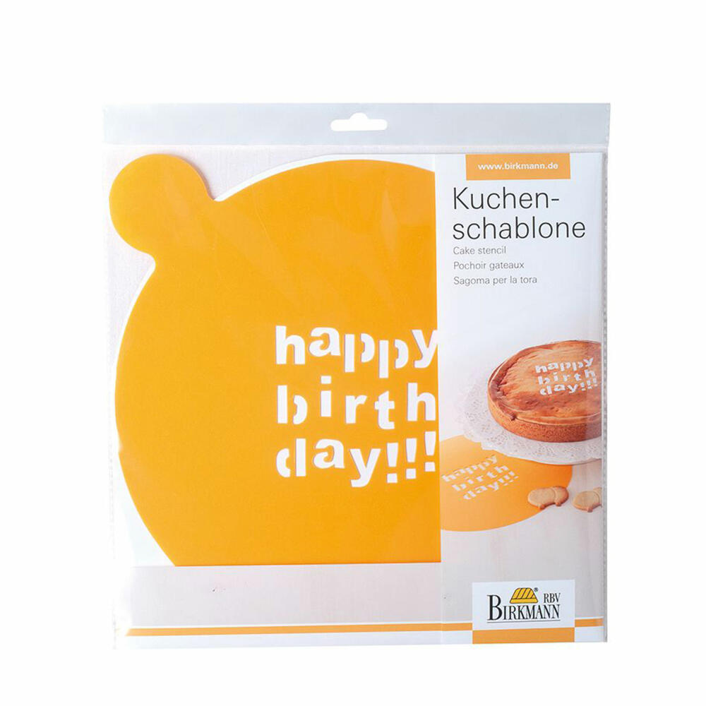Birkmann cake stencil Happy Birthday, cake stencil, cake stencil, cake decoration, plastic, orange, Ø 28 cm, 450165