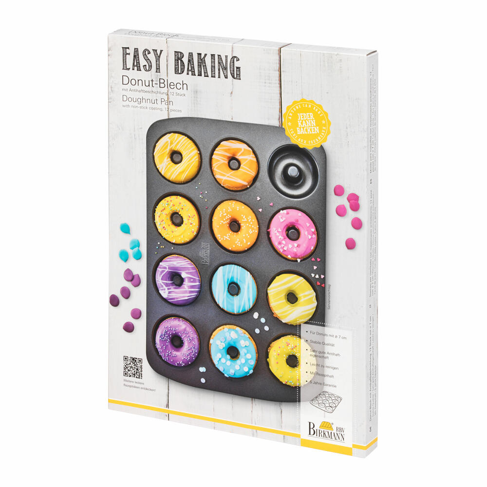 Birkmann Easy Baking Donut-Blech, Donut Backform, Backblech, Donutform, Schablone, für 12 Donuts je 7 cm, Schwarz, 881624