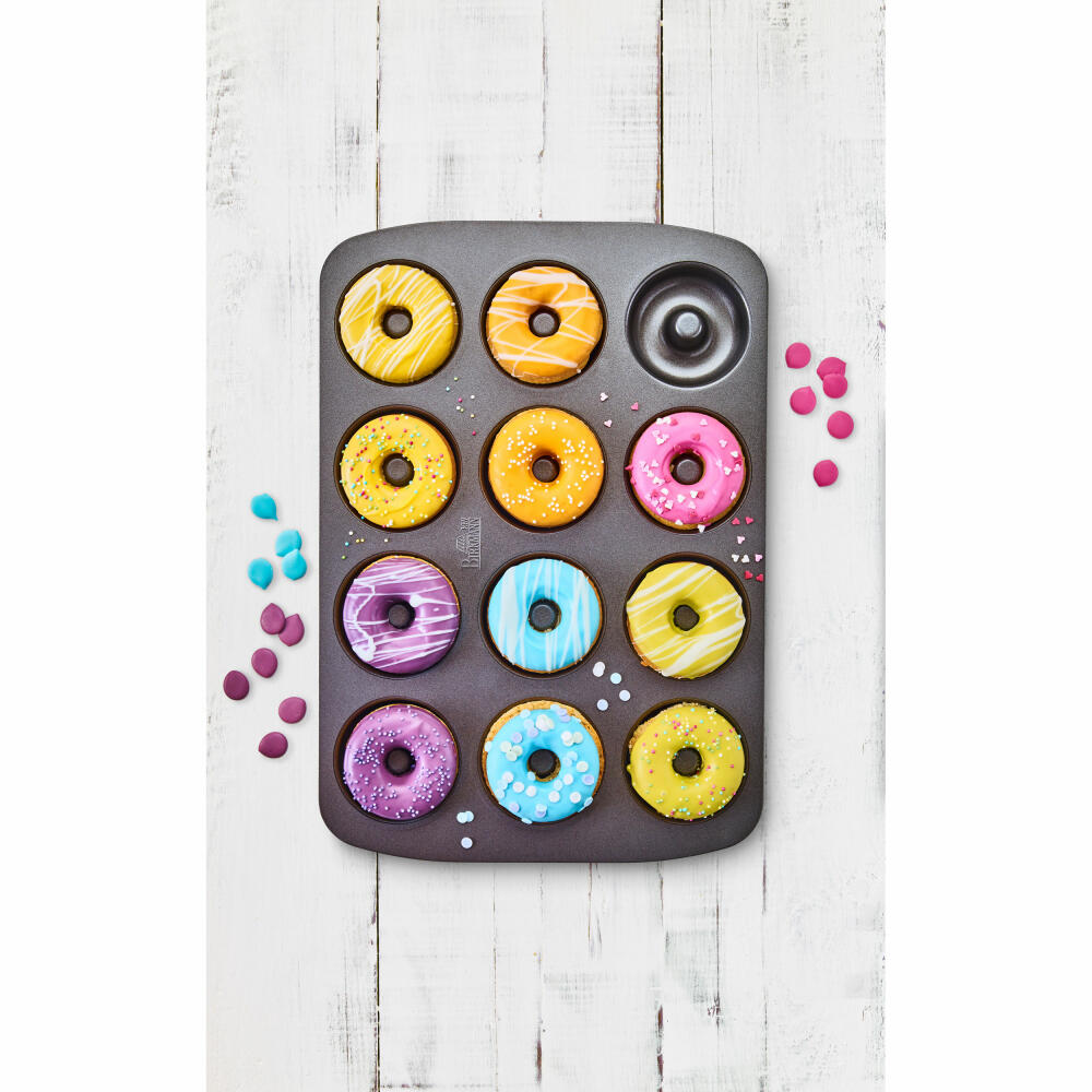 Birkmann Easy Baking Donut-Blech, Donut Backform, Backblech, Donutform, Schablone, für 12 Donuts je 7 cm, Schwarz, 881624