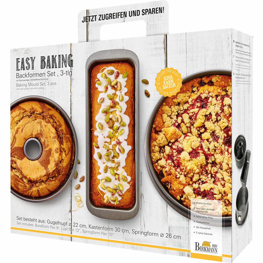 Birkmann Easy Baking Backformen-Set, 3-tlg., Springform, Kastenform, Gugelhupf, Backform, Kuchenform, Karbonstahl, 881808