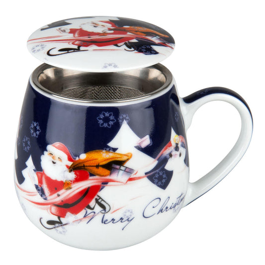 Könitz Merry Christmas Weihnachtsmann Becher, Tasse, Teetasse, mit Sieb und Deckel, Porzellan, 420 ml, 11 5 143 0810