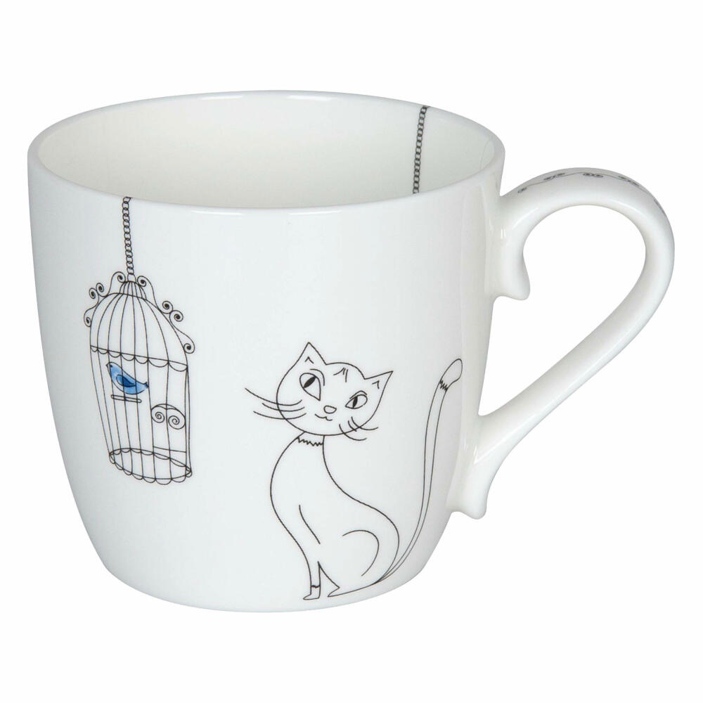 Könitz Cats and Birds Becher, Kaffeebecher, Kaffeetasse, Kaffee Tasse, Teetasse, Porzellan, Weiß / Schwarz, 425 ml, 11 2 057 2298