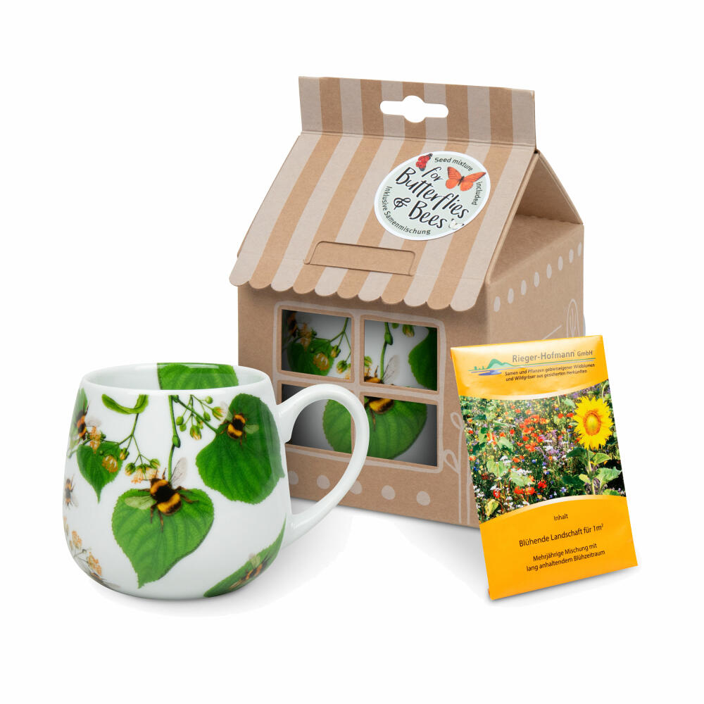 Könitz mug Bumblebees on leave with seed bag in gift box, cup, porcelain, colored, 400 ml, 11 5 000 2768