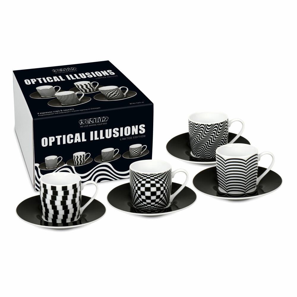 Könitz Espresso Cups Set of 4 Optical Illusions, Mug, Porcelain, Black, White, 85 ml, 11 5 053 2808