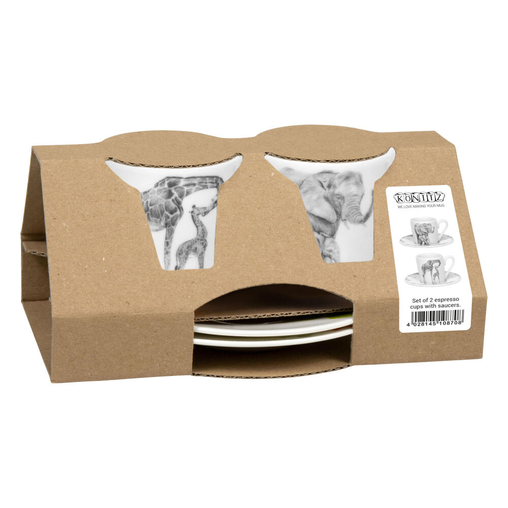 Könitz Espresso Cups Set of 2 Amazing Animals Giraffe and Elephant, Cup, Coffee Cup, Porcelain, White, 85 ml, 1150002760