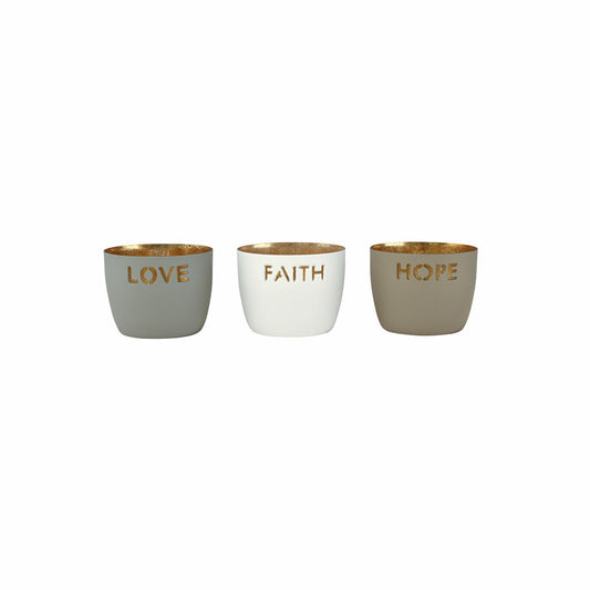 Gift Company Windlicht Madras Love, Faith, Hope XS, 3er Set, Teelichthalter, Kerzenhalter, Eisen, Flannel / Weiß / Sandstone, H 4.5 cm, 1170902020