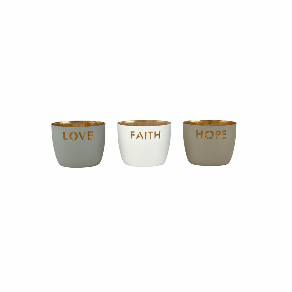 Gift Company Windlicht Madras Love, Faith, Hope XS, 3er Set, Teelichthalter, Kerzenhalter, Eisen, Flannel / Weiß / Sandstone, H 4.5 cm, 1170902020