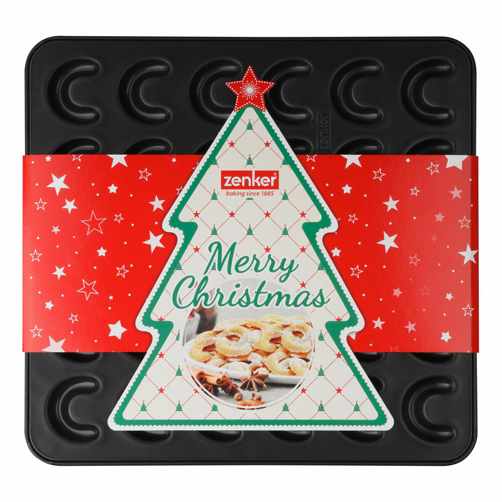 Zenker Sparkling Christmas Vanillekipferlblech, Vanillekipferl Blech, Backform, Plätzchen Form, Antihaftbeschichtung, Schwarz, 30 cm, 6001
