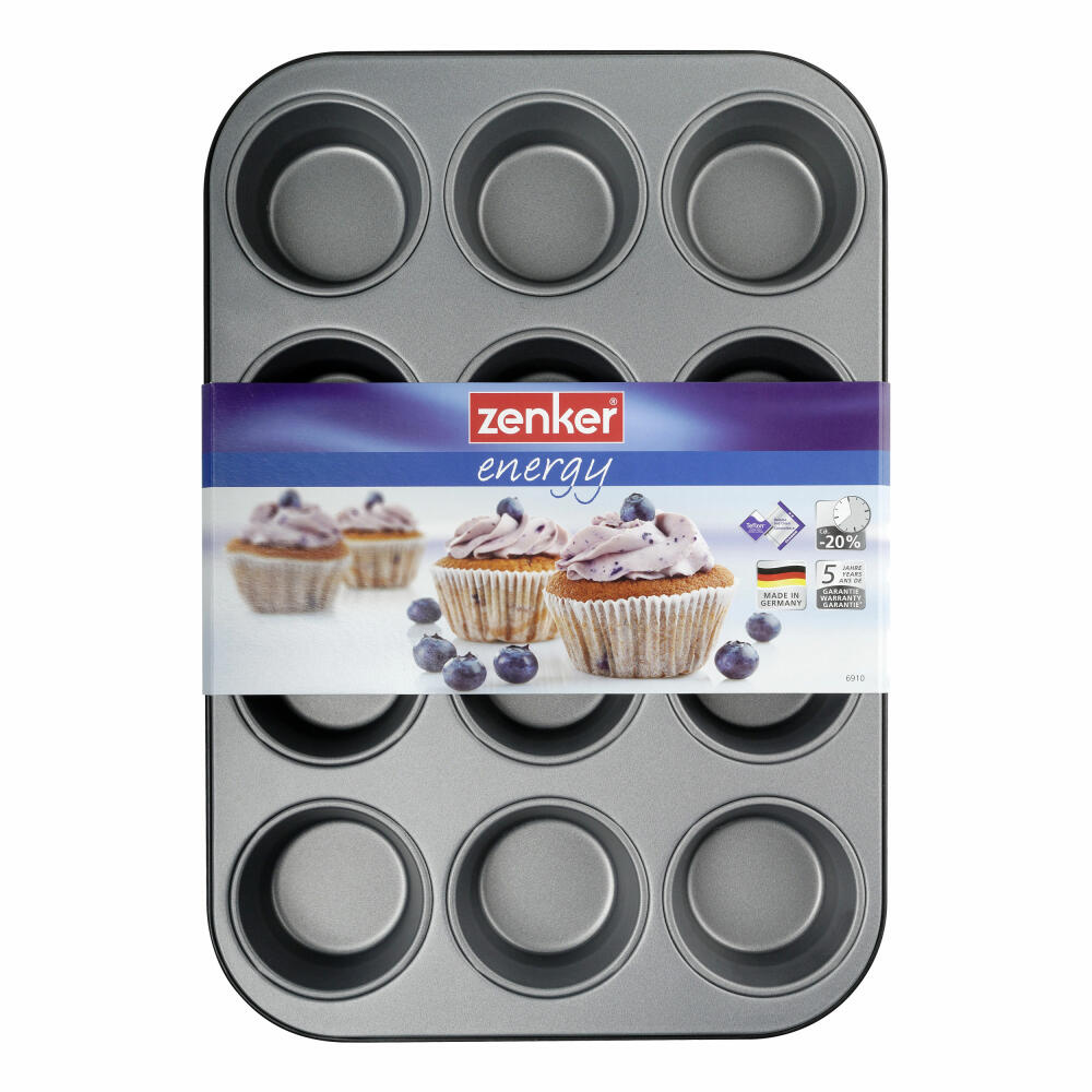 Zenker Energy Muffinblech, Muffin Form, Backform, Kuchenform, für 12 Muffins, Antihaft Classic, Silber / Anthrazit, L 38.5 cm, 6910