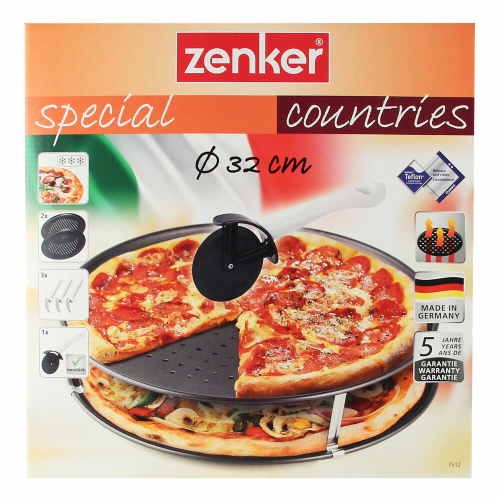 Zenker Special Countries Pizza Set Trio, 6 pcs., pizza tray, pizza wheel, pizza tray, pizza baking tray, Ilag Classic, black, Ø 32 cm, 7512