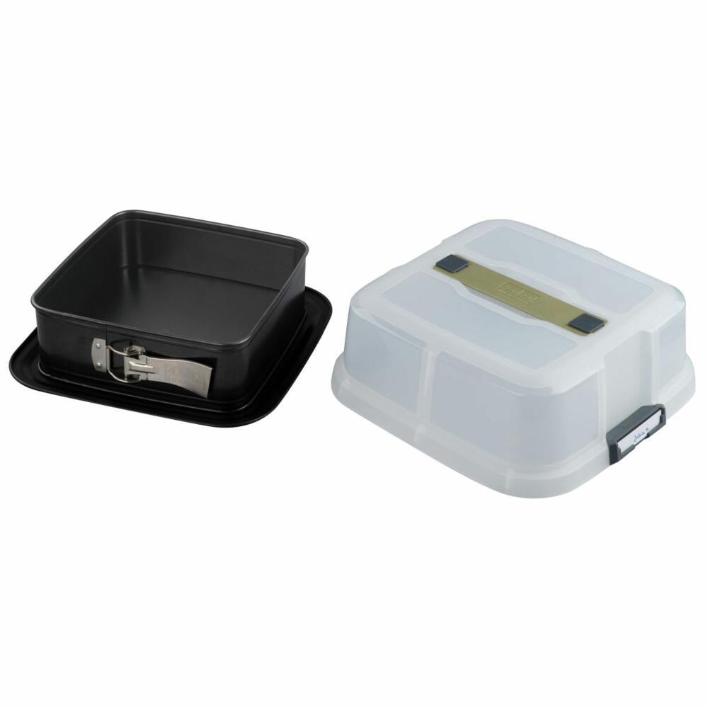 Zenker Springform Bake, Click und Go quadratisch mit Transporthaube, Backform, Kuchenform, Stahlblech, Schwarz, Sparkling Green, Transparent, 24 x 24 cm, 7904