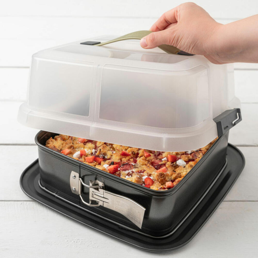 Zenker Springform Bake, Click und Go quadratisch mit Transporthaube, Backform, Kuchenform, Stahlblech, Schwarz, Sparkling Green, Transparent, 24 x 24 cm, 7904
