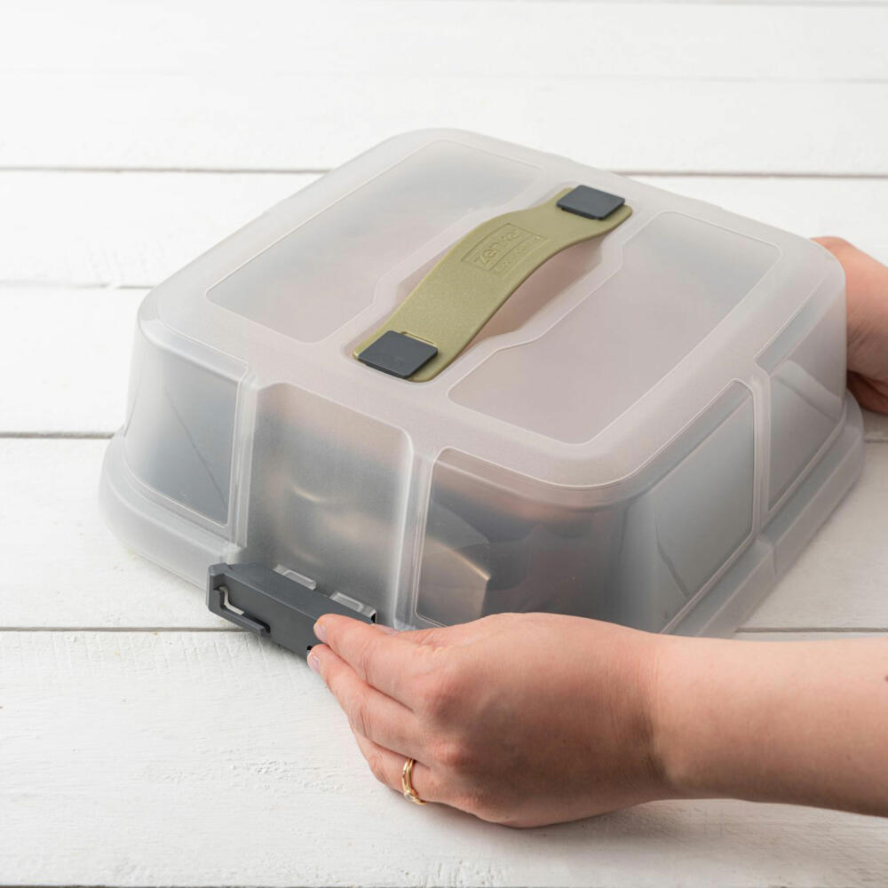 Zenker Springform Bake, Click und Go quadratisch mit Transporthaube, Backform, Kuchenform, Stahlblech, Schwarz, Sparkling Green, Transparent, 24 x 24 cm, 7904