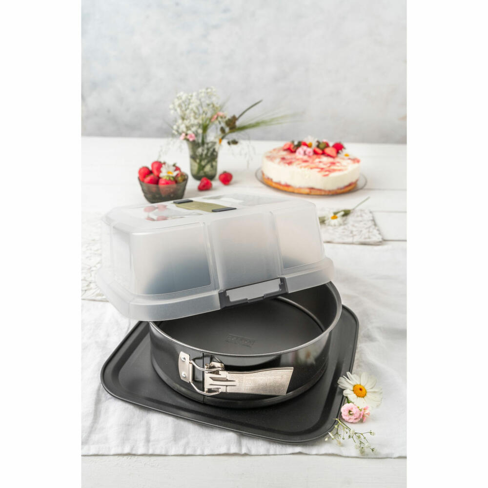 Zenker Springform Bake, Click und Go rund mit Transporthaube, Backform, Kuchenform, Stahlblech, Schwarz, Sparkling Green, Transparent, 24 cm, 7906