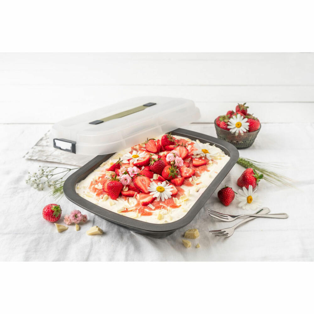 Zenker Dessert-und Auflaufform Bake, Click und Go mit Transporthaube, Backform, Stahlblech, Schwarz, Sparkling Green, Transparent, 34 x 25 cm, 7907