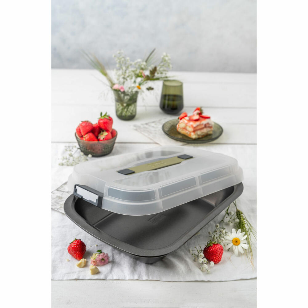 Zenker Dessert-und Auflaufform Bake, Click und Go mit Transporthaube, Backform, Stahlblech, Schwarz, Sparkling Green, Transparent, 34 x 25 cm, 7907