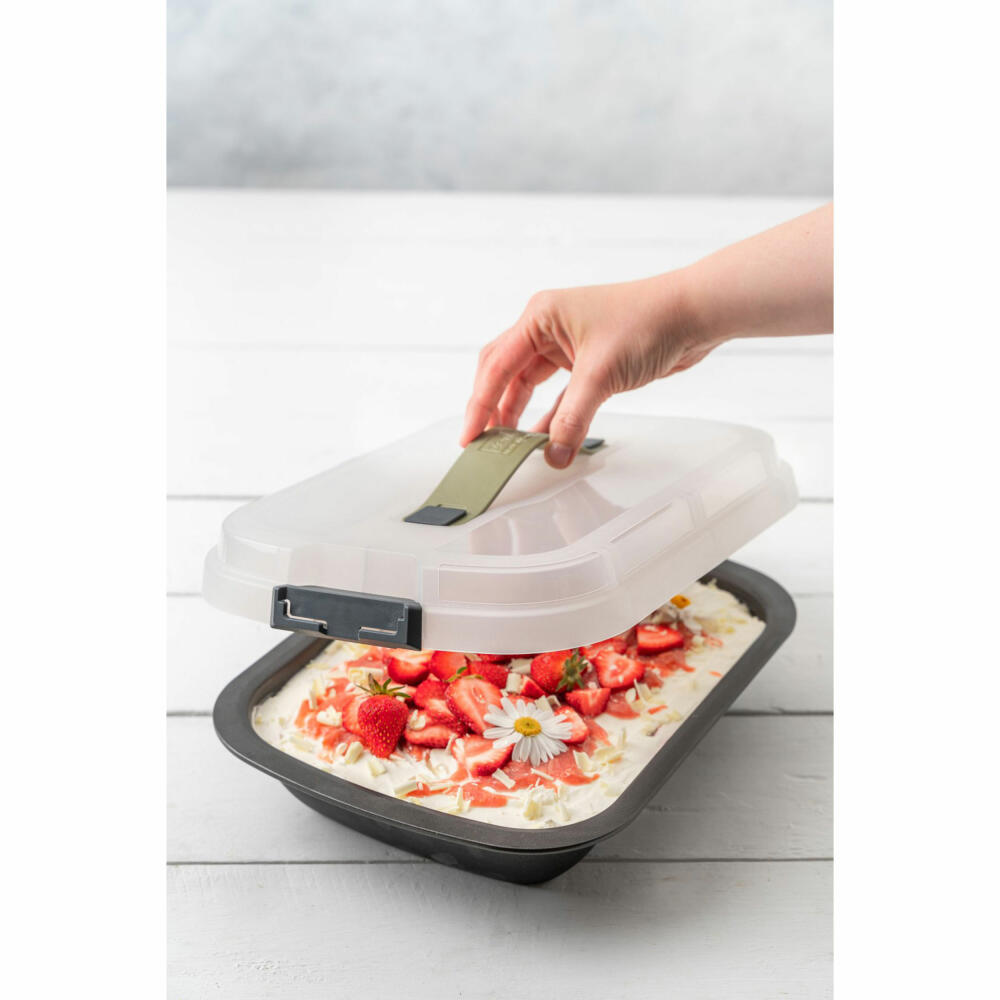 Zenker Dessert-und Auflaufform Bake, Click und Go mit Transporthaube, Backform, Stahlblech, Schwarz, Sparkling Green, Transparent, 34 x 25 cm, 7907