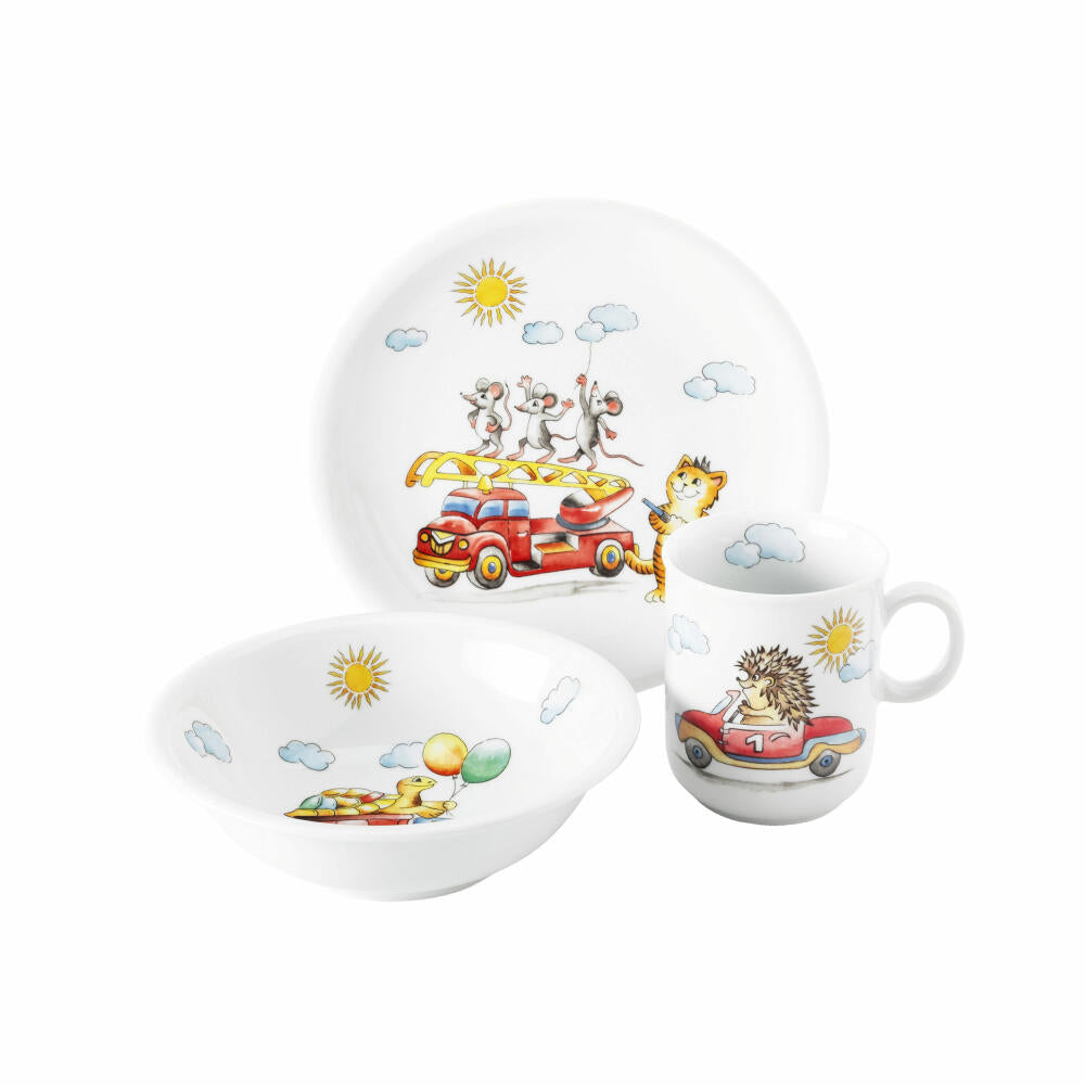 Seltmann Weiden Kinder-Set 3-tlg. Flinke Flitzer, Geschirr, Teller, Schüssel, Becher, Porzellan, Bunt, 001.728609