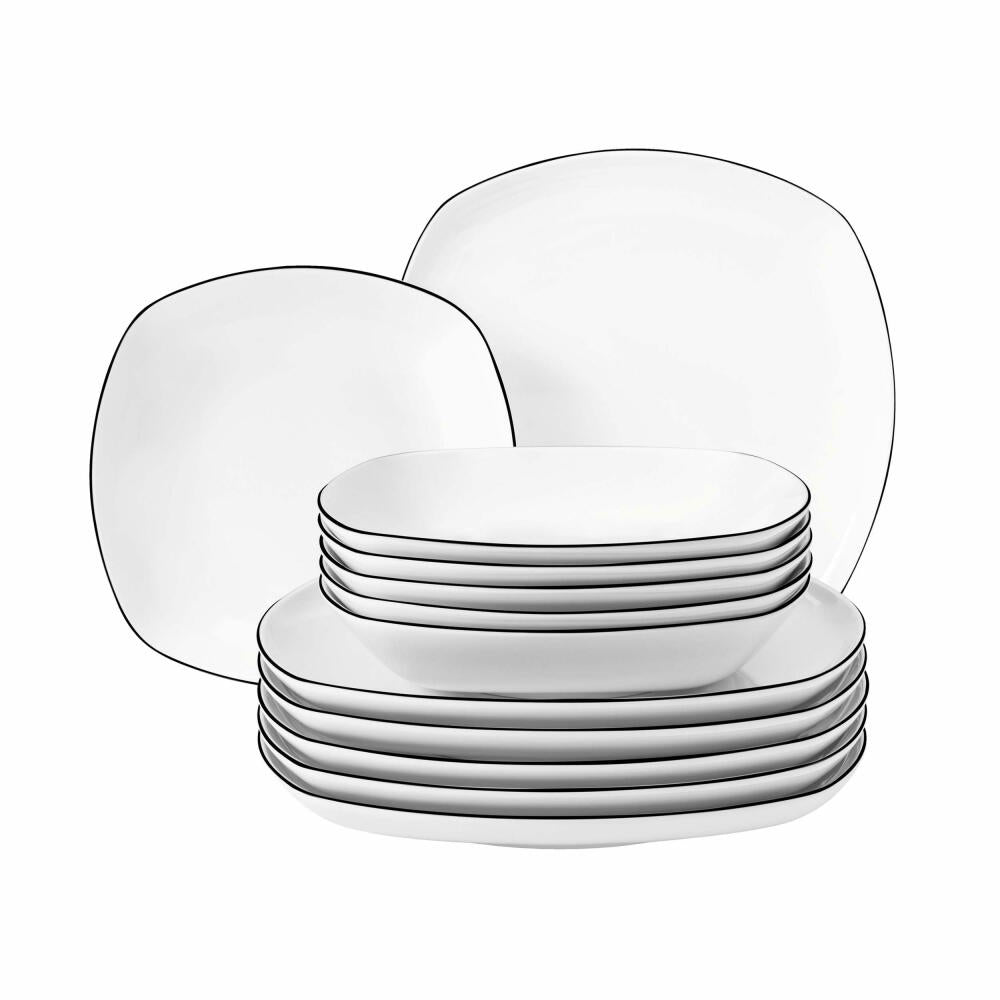 Seltmann Weiden Lido Black Line Tafelservice Eckig, Geschirrset, Service, Geschirr Set, Porzellan, Schwarzer Rand, 12-tlg., 1750857