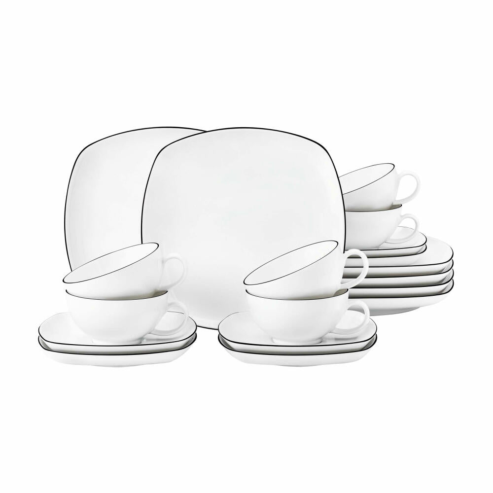 Seltmann Weiden Lido Black Line Tea Service Square Large, Tableware Set, Service, Tableware Set, Porcelain, Black Rim, 18 pcs., 1750858