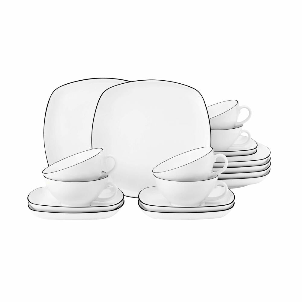 Seltmann Weiden Lido Black Line Tea Service Square Small, Tableware Set, Service, Tableware Set, Porcelain, Black Rim, 18 pcs., 1750859