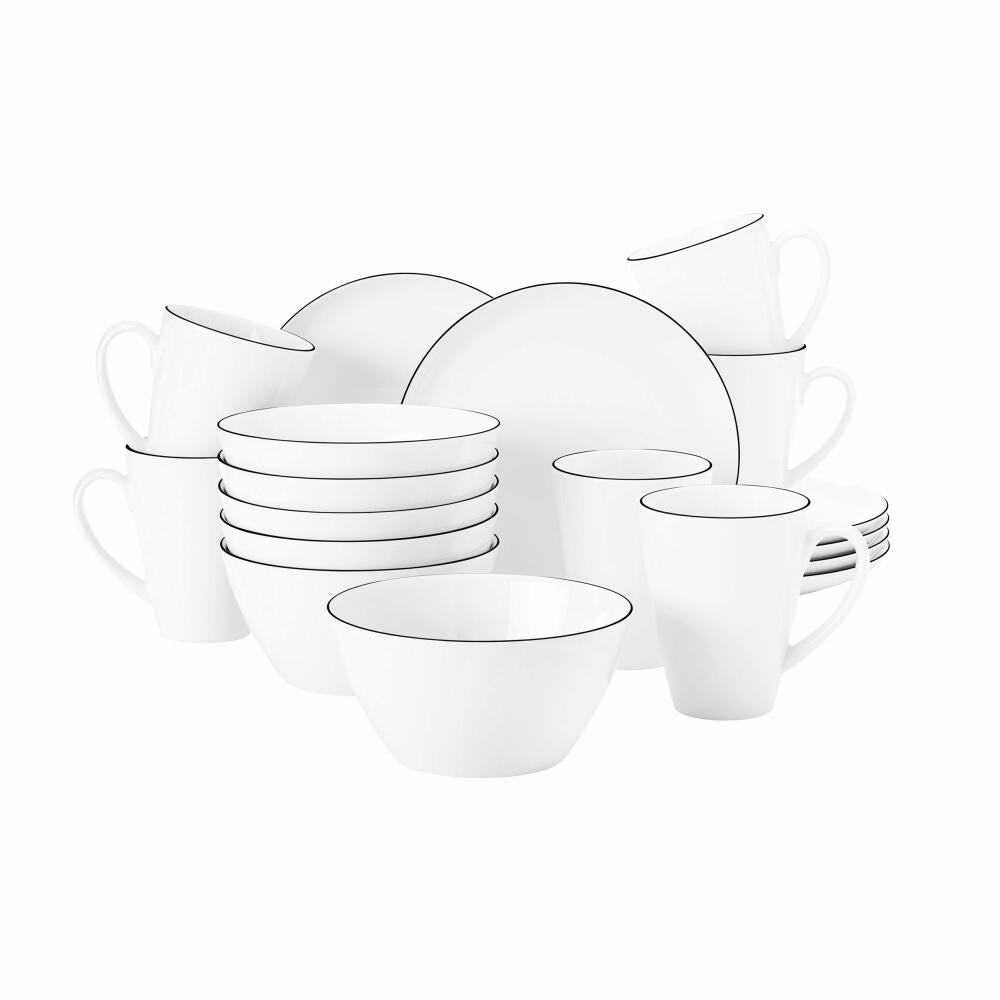 Seltmann Weiden Lido Frühstücks-Set 18-tlg., Geschirrset, Geschirr, Teller, Kaffeetasse, Black Line, 001.764898