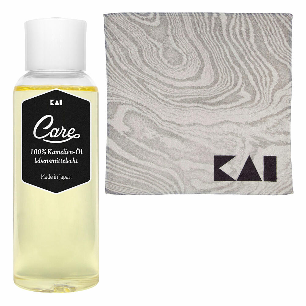Kai blade care set 2-piece, Japanese camellia oil 100 ml and knife microfiber care cloth, 30 x 30 cm, 45500610
