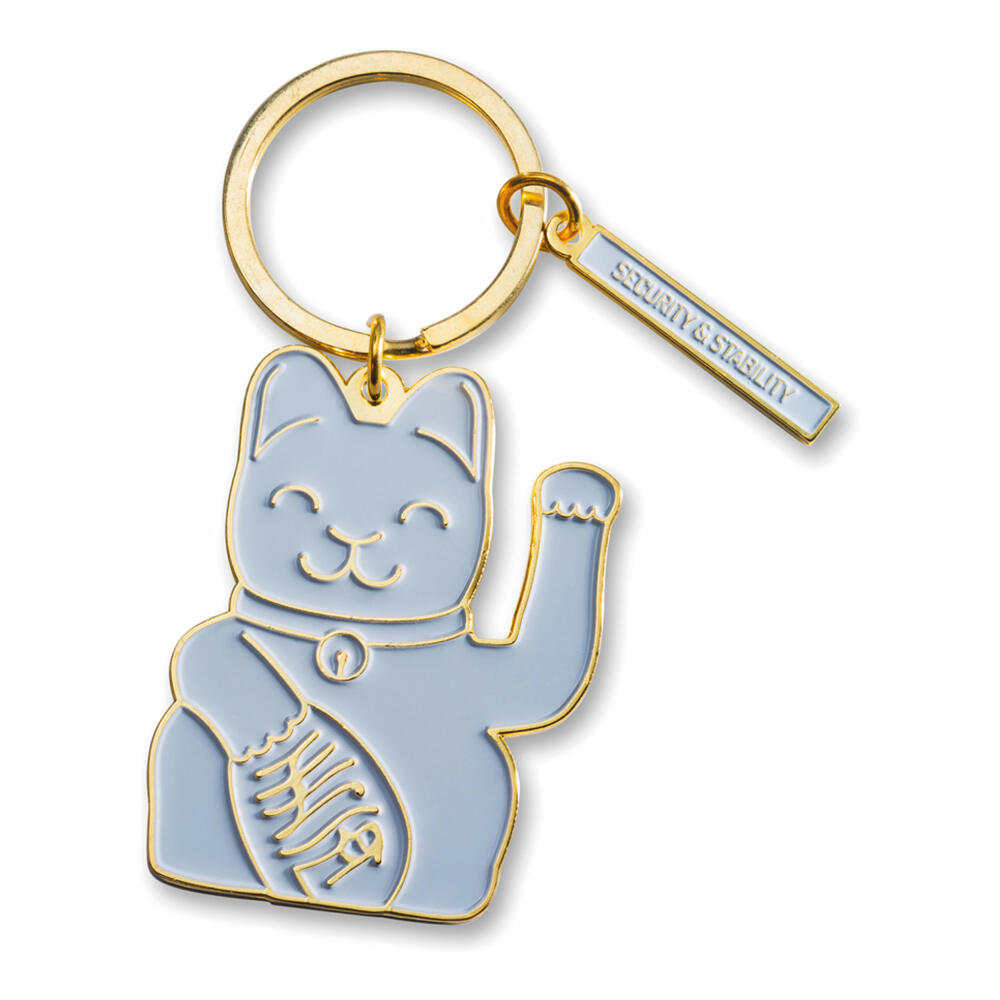 Donkey Products Lucky Cat Key Ring Grey, key chain, key ring, waving cat motif, talisman cat, Maneki Neko, love and romance, brass, grey / gold-coloured, approx. 12.5 cm, 400933