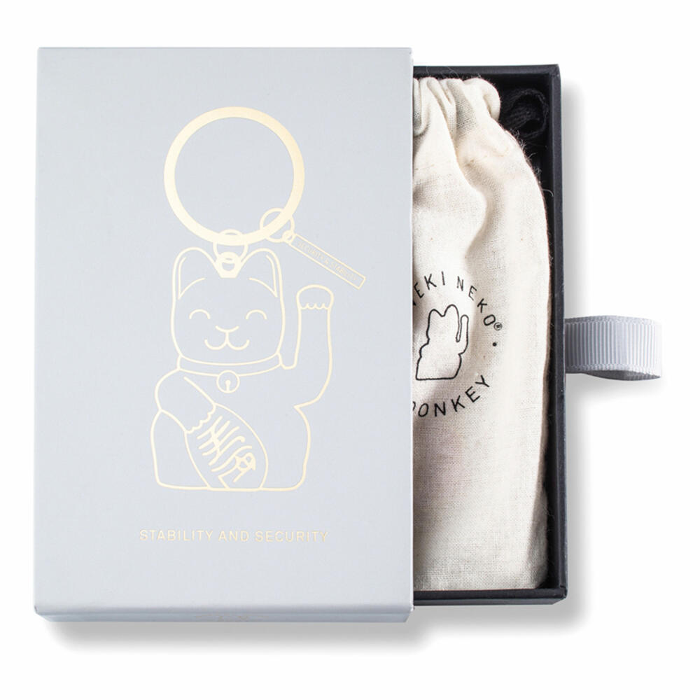 Donkey Products Lucky Cat Key Ring Grey, key chain, key ring, waving cat motif, talisman cat, Maneki Neko, love and romance, brass, grey / gold-coloured, approx. 12.5 cm, 400933