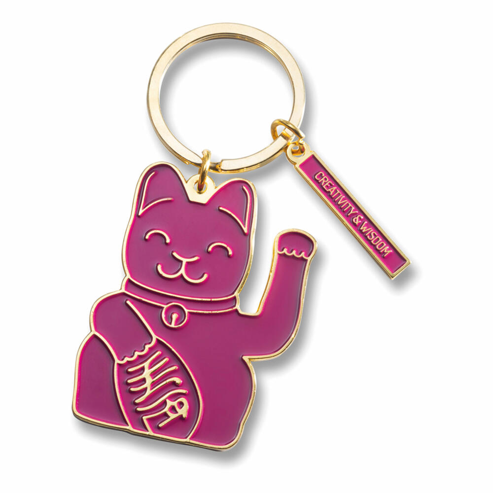 Donkey Products Winkekatze Lucky Cat Key Ring Purple, Schlüsselanhänger, Schlüsselring, Motiv Talisman Katze, Maneki Neko, Liebe und Romantik, Messing, Purpur / Goldfarben, ca. 12.5 cm, 400934
