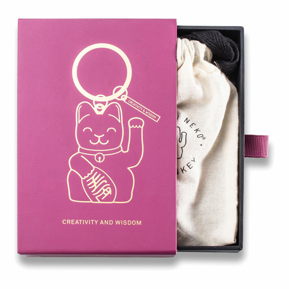 Donkey Products Winkekatze Lucky Cat Key Ring Purple, Schlüsselanhänger, Schlüsselring, Motiv Talisman Katze, Maneki Neko, Liebe und Romantik, Messing, Purpur / Goldfarben, ca. 12.5 cm, 400934