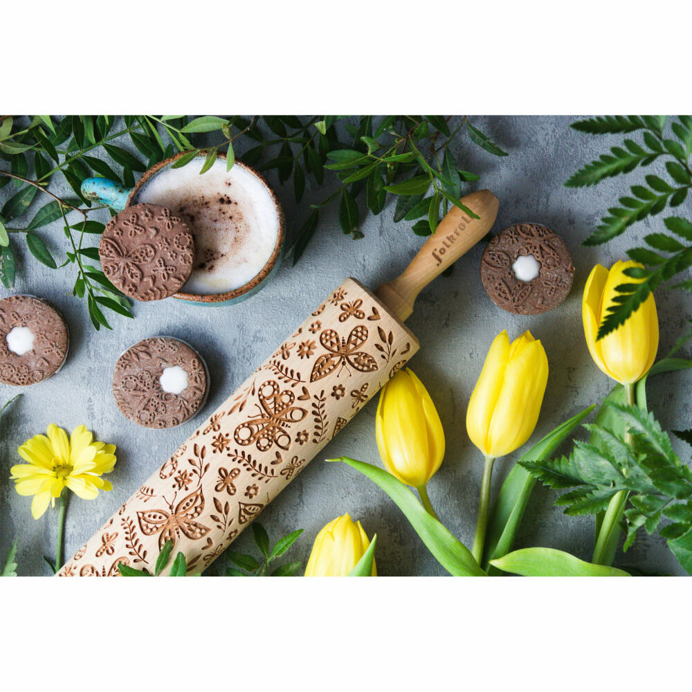 Folkroll rolling pin butterflies, large, 43 cm, rolling pin, embossing roll, pattern, motif, roll, beech wood, 330340