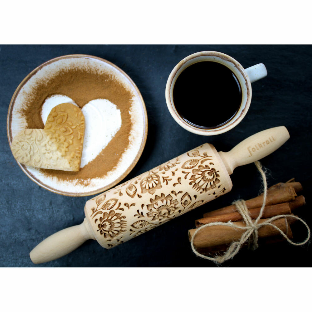 Folkroll rolling pin Folk Floral, junior, 23 cm, rolling pin, embossing roll, pattern, motif, roll, beech wood, 330418