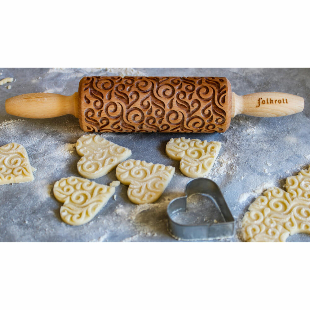 Folkroll rolling pin floral decoration, junior, 23 cm, rolling pin, embossing roll, pattern, motif, roll, beech wood, 330425