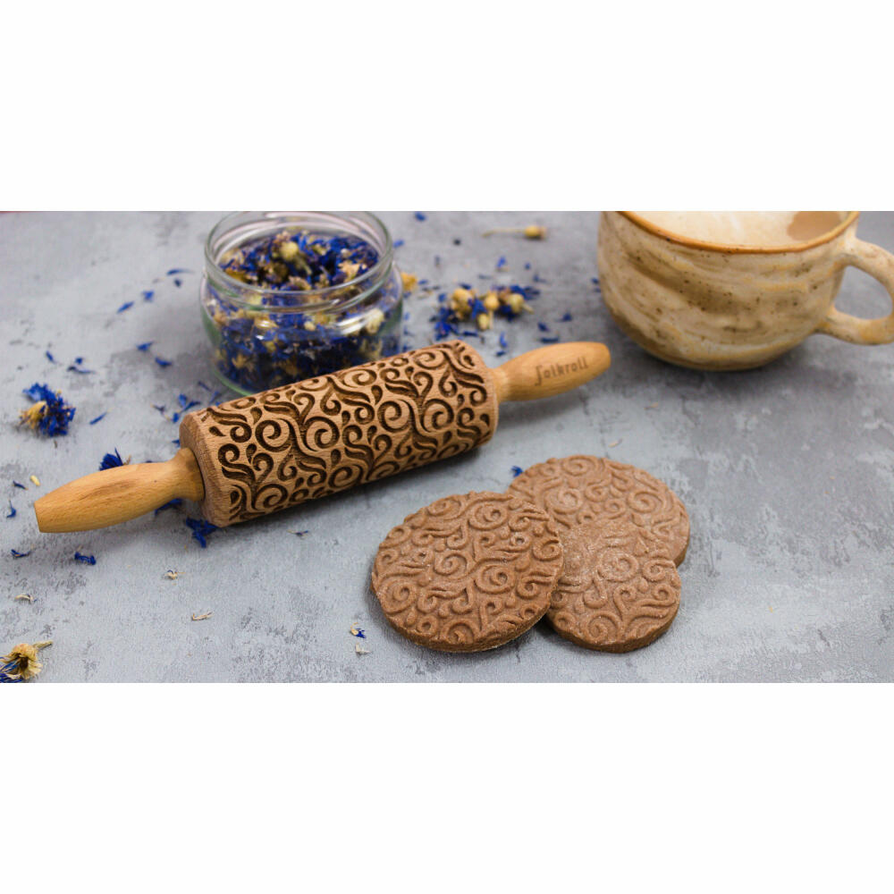 Folkroll rolling pin floral decoration, junior, 23 cm, rolling pin, embossing roll, pattern, motif, roll, beech wood, 330425