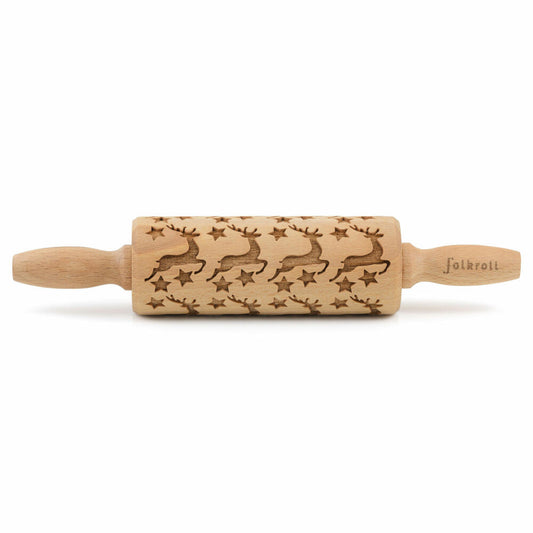 Folkroll Teigrolle Rentier Sterne, junior, 23 cm, Nudelholz, Prägerolle, Muster, Motiv, Rolle, Buchenholz, 330470