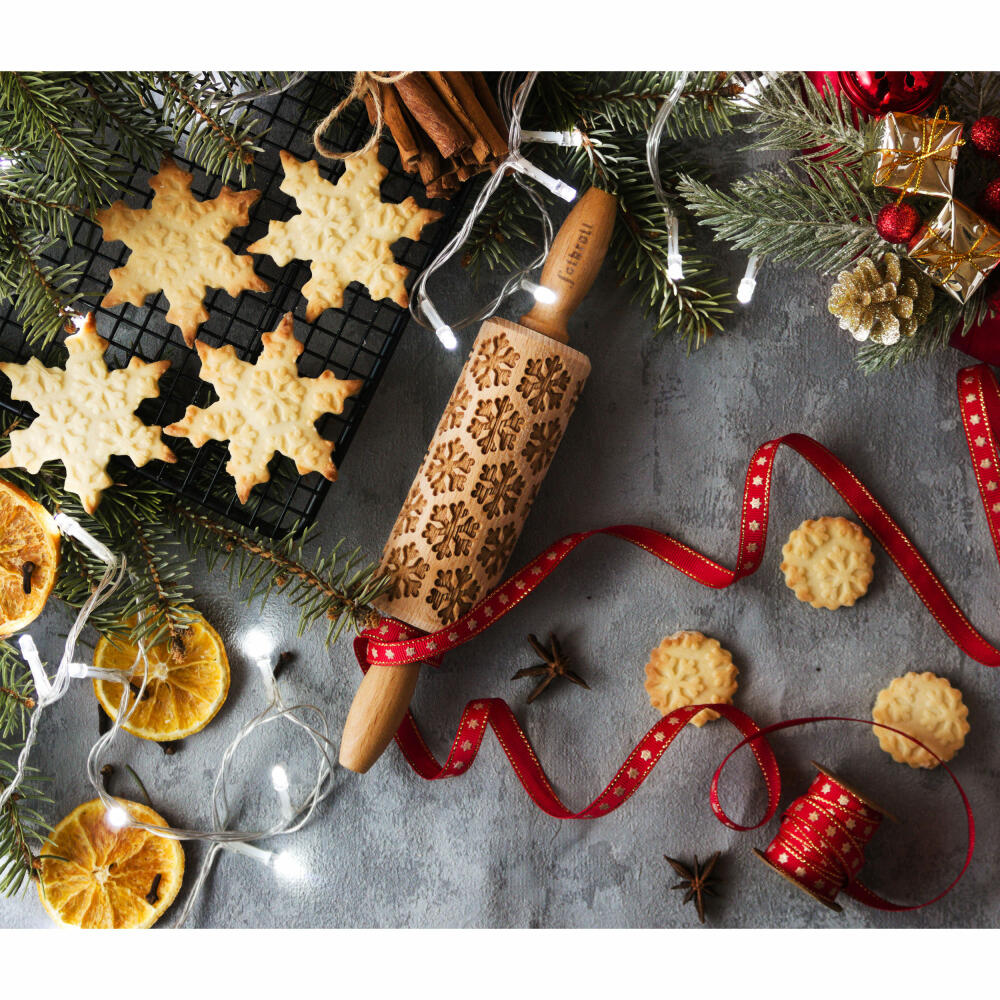 Folkroll rolling pin snowflakes, junior, 23 cm, rolling pin, embossing roll, pattern, motif, roll, beech wood, 330517