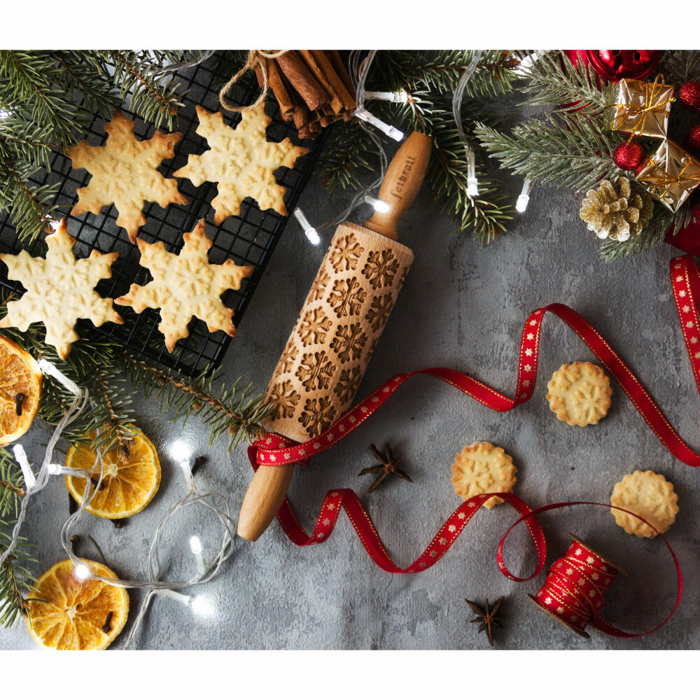 Folkroll rolling pin snowflakes, junior, 23 cm, rolling pin, embossing roll, pattern, motif, roll, beech wood, 330517