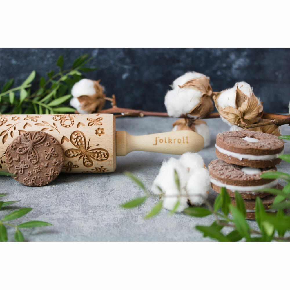 Folkroll rolling pin butterflies, junior, 23 cm, rolling pin, embossing roll, pattern, motif, roll, beech wood, 330562