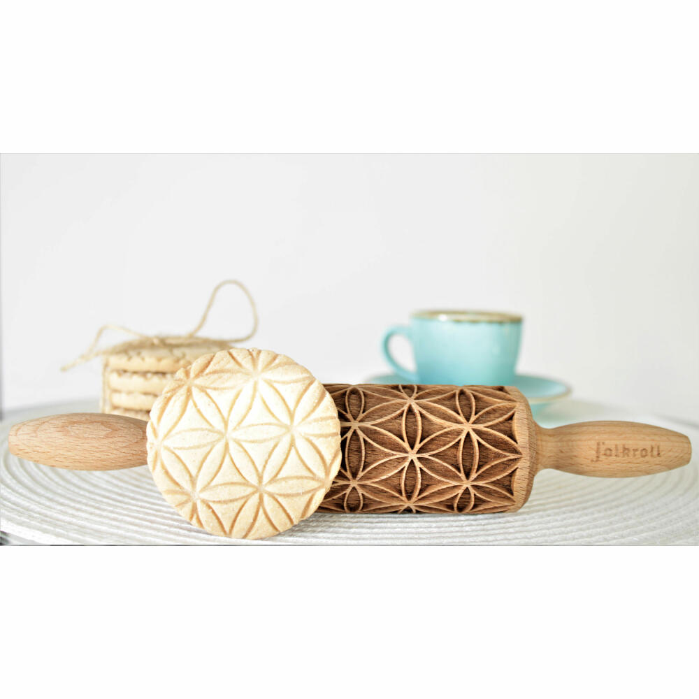 Folkroll rolling pin flower of life, junior, 23 cm, rolling pin, embossing roll, pattern, motif, roll, beech wood, 331613