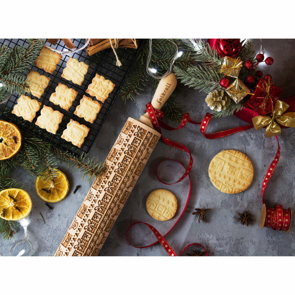 Folkroll rolling pin Christmas Joy, large, 43 cm, rolling pin, embossing roll, pattern, motif, roll, beech wood, 332726