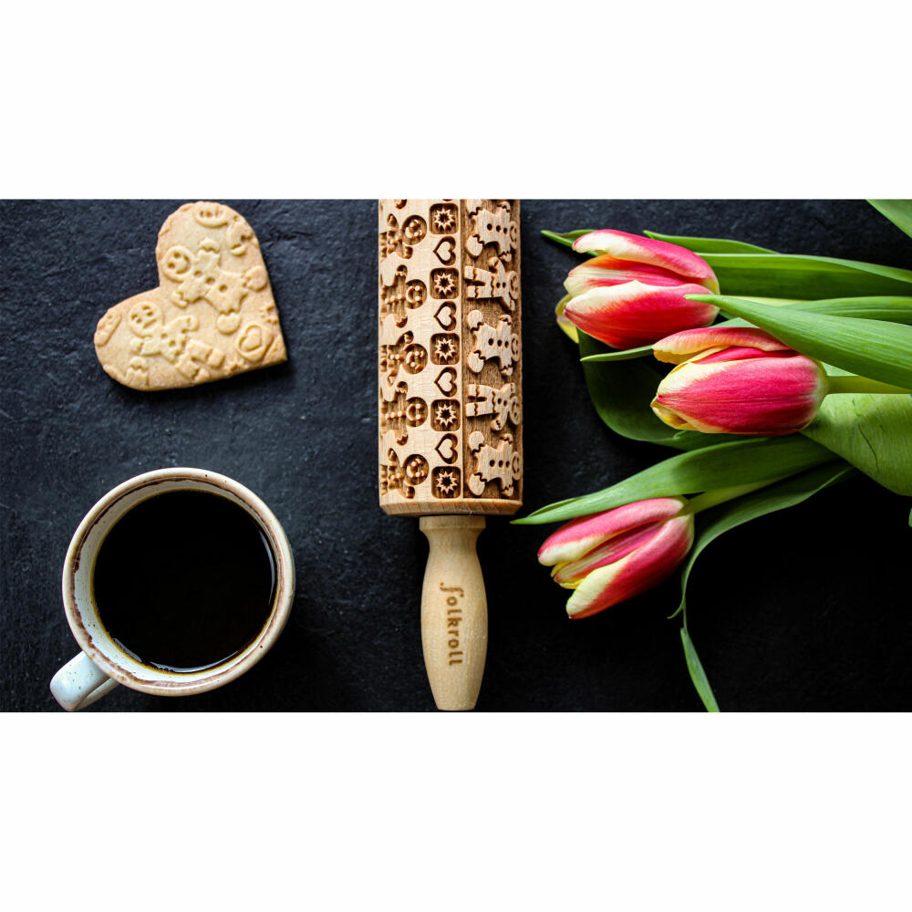 Folkroll rolling pin gingerbread man, junior, 23 cm, rolling pin, embossing roll, pattern, motif, roll, beech wood, 332788