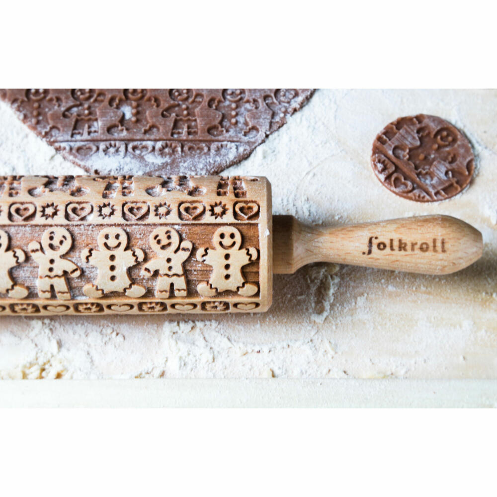 Folkroll rolling pin gingerbread man, junior, 23 cm, rolling pin, embossing roll, pattern, motif, roll, beech wood, 332788