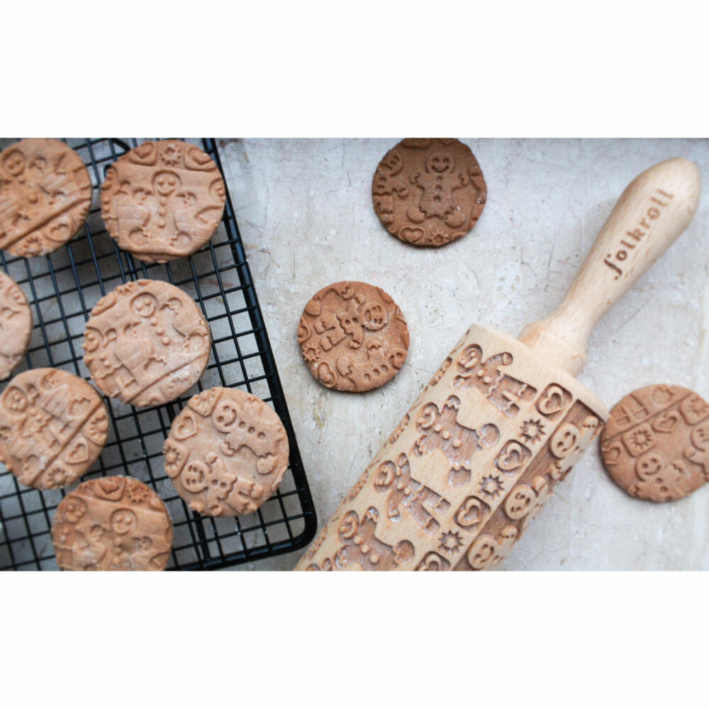 Folkroll rolling pin gingerbread man, junior, 23 cm, rolling pin, embossing roll, pattern, motif, roll, beech wood, 332788