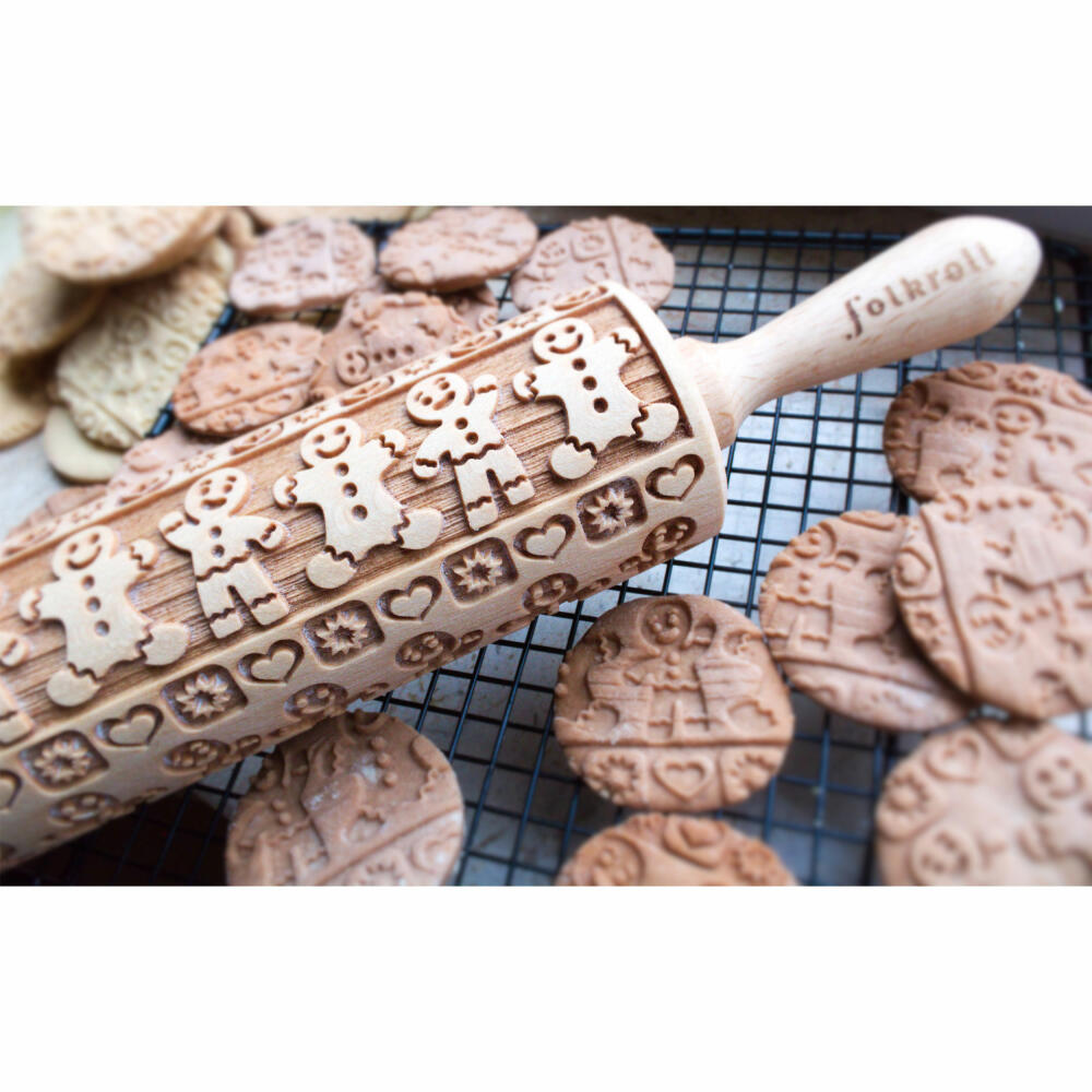 Folkroll rolling pin gingerbread man, junior, 23 cm, rolling pin, embossing roll, pattern, motif, roll, beech wood, 332788