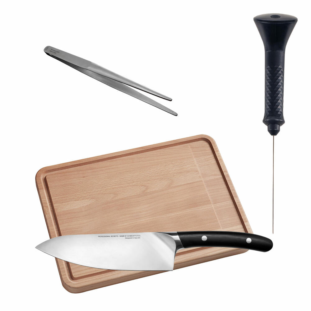 Professional Secrets Grill Set, 4-piece, grill accessories, tongs, knife, thermometer, cutting board